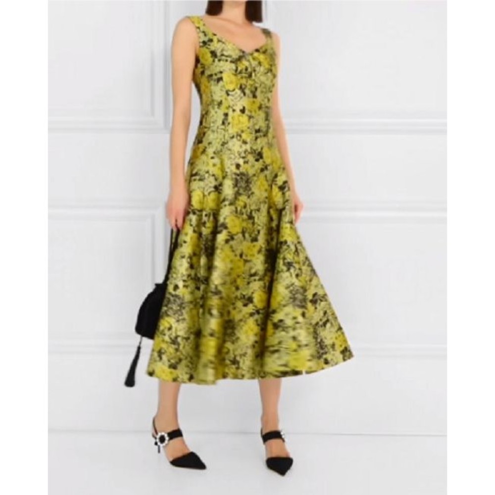 ERDEM Yellow Floral Verna Jacquard A-Line Sleeveless Fit & Flare Dress 6 US 10UK